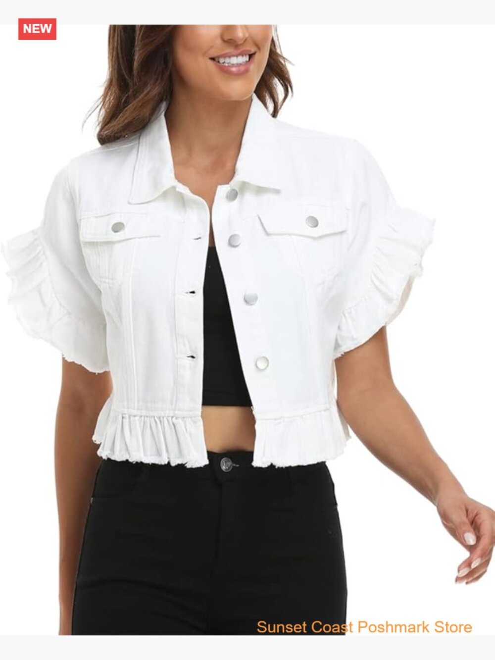 Cropped Denim Jacket with Ruffle Sleeves Button Front Distressed